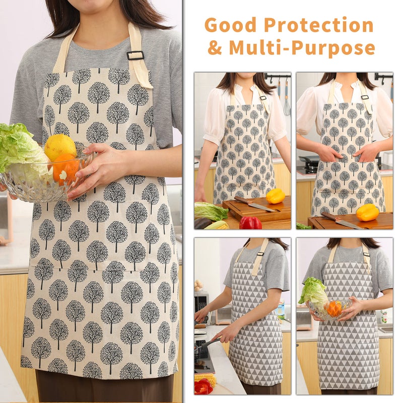 Tosewever 2 Pieces Cotton Linen Waterproof Bib Apron with 2 Pockets - Long Ties Adjustable Neck Strap - Unisex Cooking Kitchen Decorative Pattern Aprons for Women Chef (Triangle/Tree, 2) - Image 5